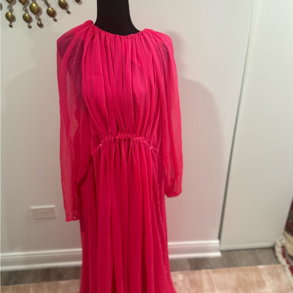 ASOS Hot Pink Chiffon Long Sleeve Midi Dress Size 18 Plus Ruched